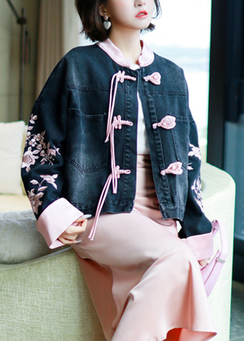 New Black Embroidered Chinese Button Denim Coat Spring Qa1031
