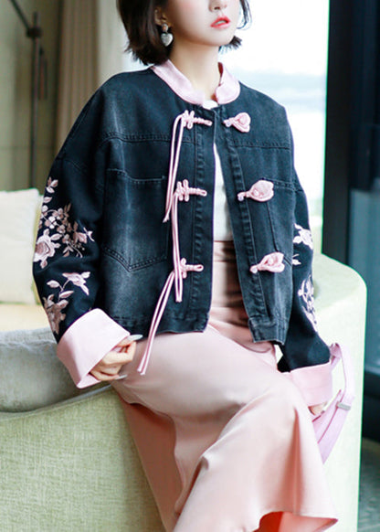 New Black Embroidered Chinese Button Denim Coat Spring Qa1031