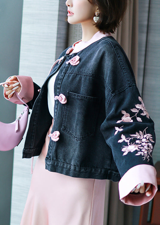 New Black Embroidered Chinese Button Denim Coat Spring Qa1031
