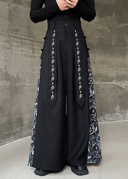 New Black Embroidered High Waist Patchwork Cotton Neutral Pants Spring Kk058