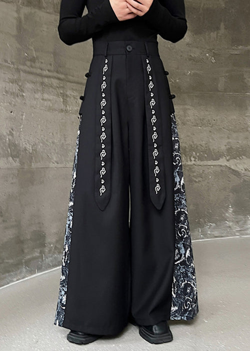 New Black Embroidered High Waist Patchwork Cotton Neutral Pants Spring Kk058