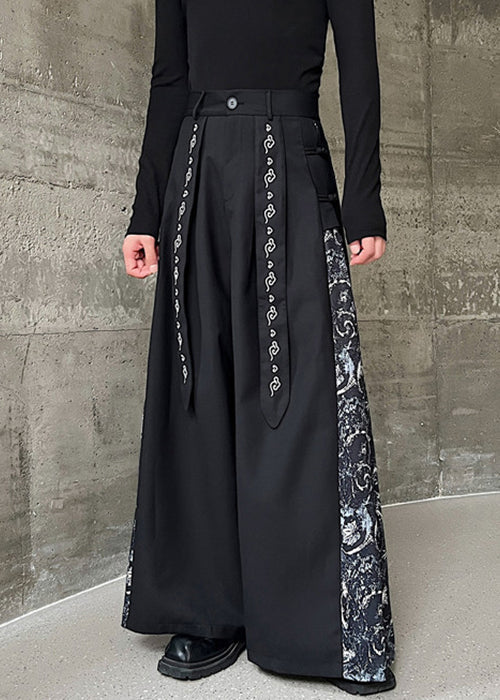 New Black Embroidered High Waist Patchwork Cotton Neutral Pants Spring Kk058