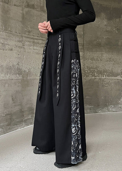 New Black Embroidered High Waist Patchwork Cotton Neutral Pants Spring Kk058