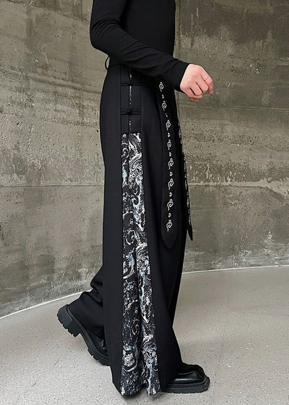 New Black Embroidered High Waist Patchwork Cotton Neutral Pants Spring Kk058