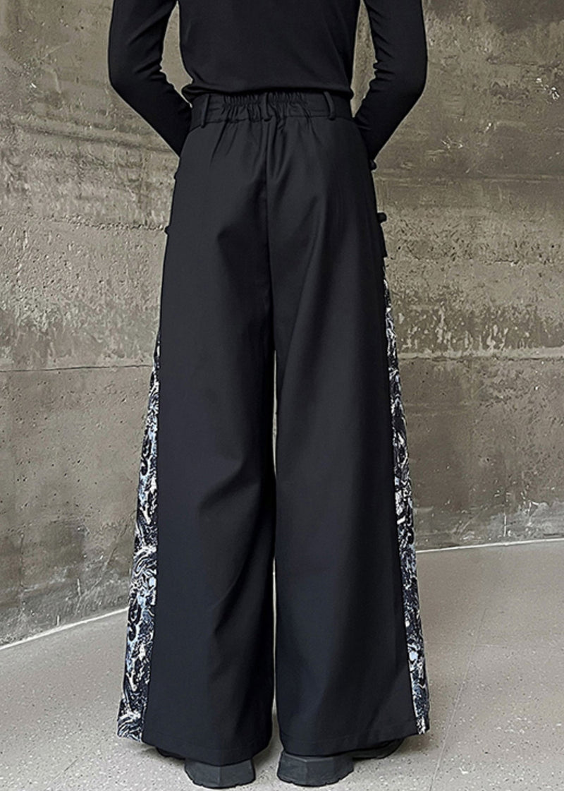 New Black Embroidered High Waist Patchwork Cotton Neutral Pants Spring Kk058