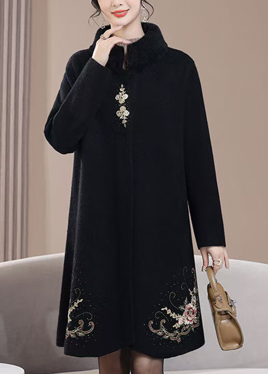 New Black Embroidered Zircon Wool Coats Spring Rz022