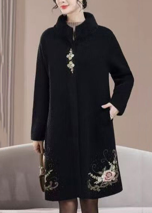 New Black Embroidered Zircon Wool Coats Spring Rz022