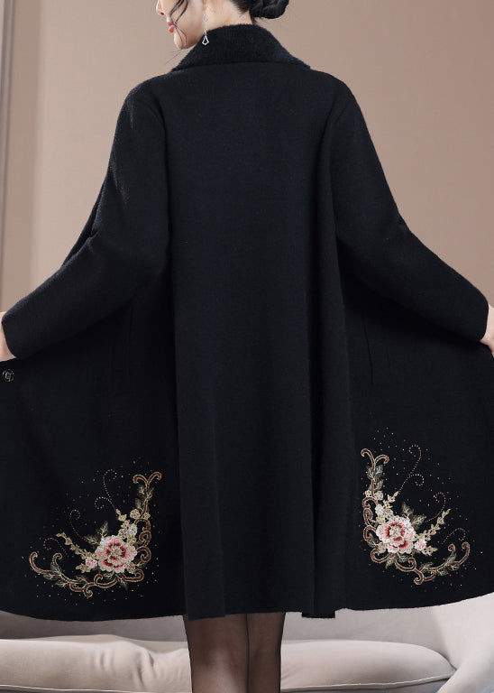 New Black Embroidered Zircon Wool Coats Spring Rz022