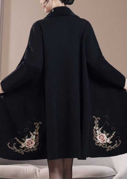 New Black Embroidered Zircon Wool Coats Spring Rz022