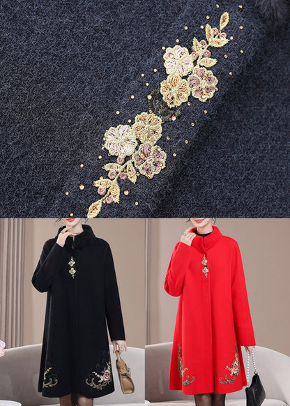 Red Pockets Zircon Wool Spring Coats Stand Collar Rz021