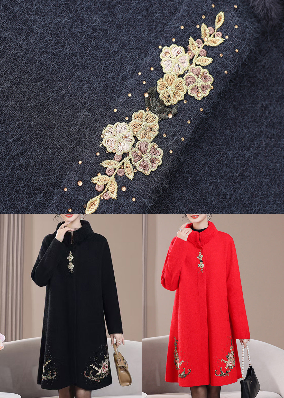 Loose Dark Gray Stand Collar Zircon Pockets Wool Coats Spring Rz020