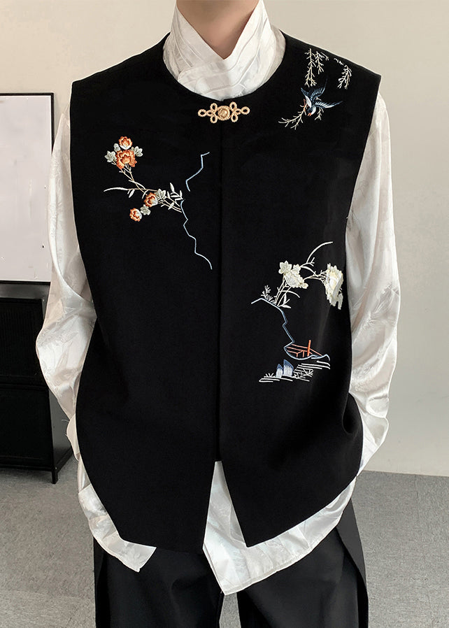 New Black Embroideried Button Silk Velour Waistcoat Fall Wj035