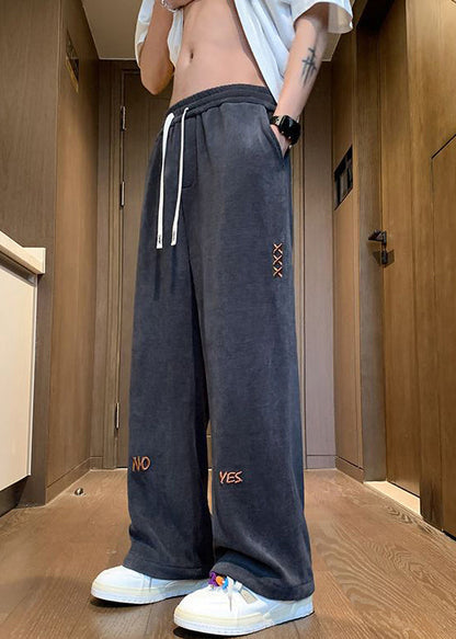 New Black Embroideried Elastic Waist Corduroy Wide Leg Pants Fall Wa049