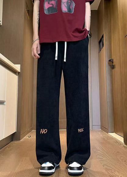 New Black Embroideried Elastic Waist Corduroy Wide Leg Pants Fall Wa049