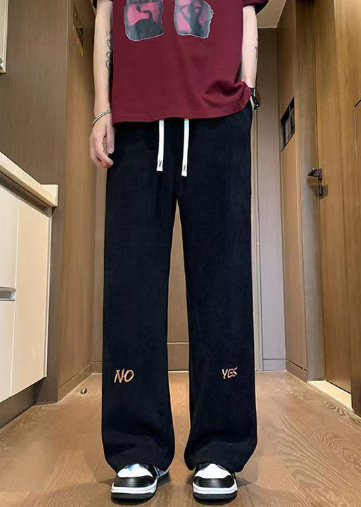 New Black Embroideried Elastic Waist Corduroy Wide Leg Pants Fall Wa049