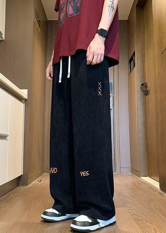 New Black Embroideried Elastic Waist Corduroy Wide Leg Pants Fall Wa049