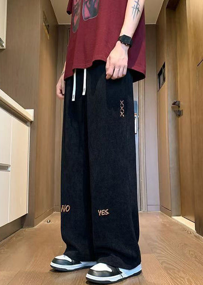 New Black Embroideried Elastic Waist Corduroy Wide Leg Pants Fall Wa049