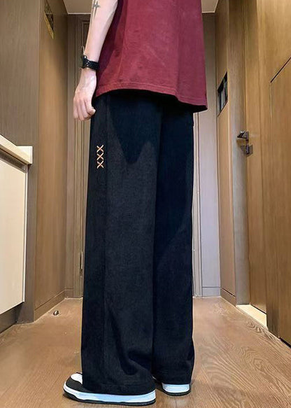 New Black Embroideried Elastic Waist Corduroy Wide Leg Pants Fall Wa049