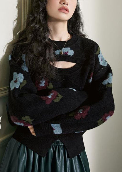 New Black Hollow Out Front Open Knit Sweater Winter Wx001