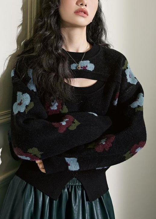 New Black Hollow Out Front Open Knit Sweater Winter Wx001
