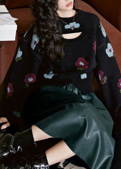 New Black Hollow Out Front Open Knit Sweater Winter Wx001