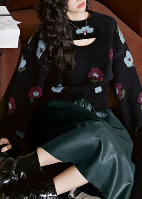 New Black Hollow Out Front Open Knit Sweater Winter Wx001