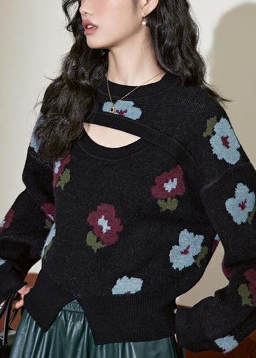 New Black Hollow Out Front Open Knit Sweater Winter Wx001