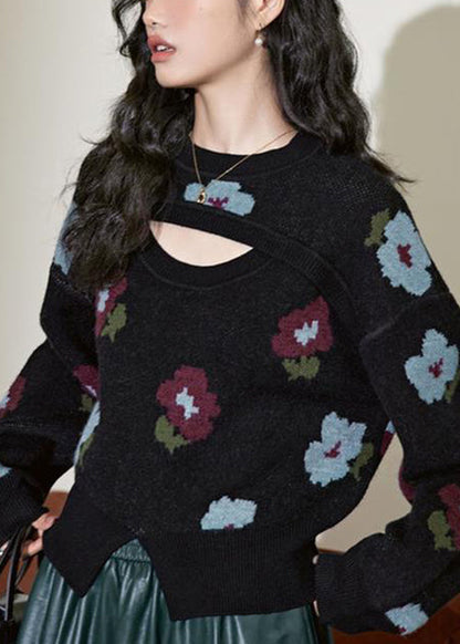 New Black Hollow Out Front Open Knit Sweater Winter Wx001