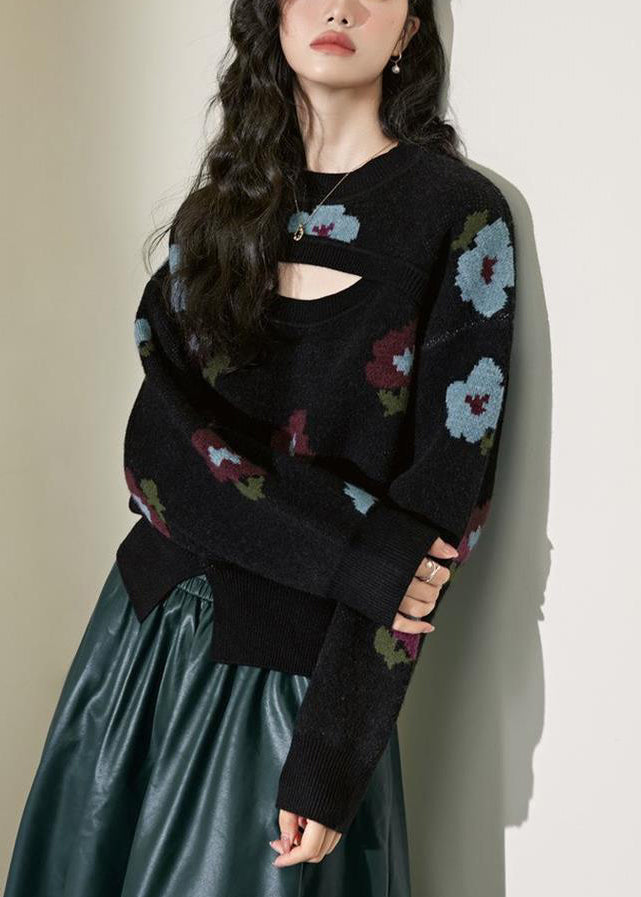 New Black Hollow Out Front Open Knit Sweater Winter Wx001