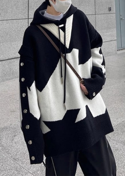 New Black Hooded Knit Sweaters Patchwork Cozy Spring