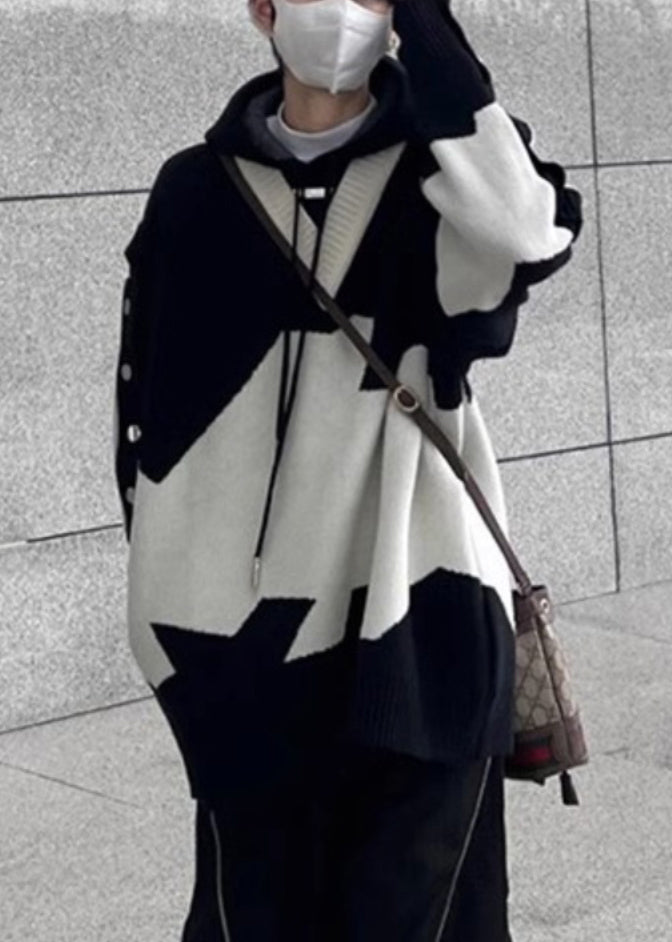 New Black Hooded Knit Sweaters Patchwork Cozy Spring