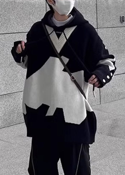 New Black Hooded Knit Sweaters Patchwork Cozy Spring