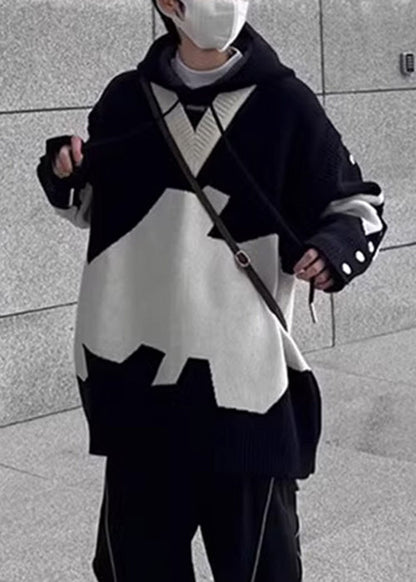 New Black Hooded Knit Sweaters Patchwork Cozy Spring