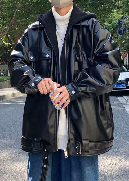 New Black Hooded Patchwork False Two Pieces Faux Leather Coats Spring Rn022