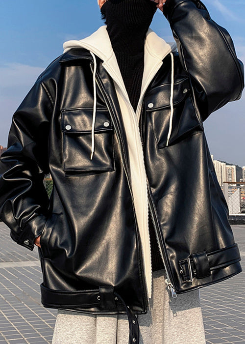 New Black Hooded Patchwork False Two Pieces Faux Leather Coats Spring Rn022
