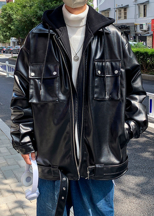 New Black Hooded Patchwork False Two Pieces Faux Leather Coats Spring Rn022