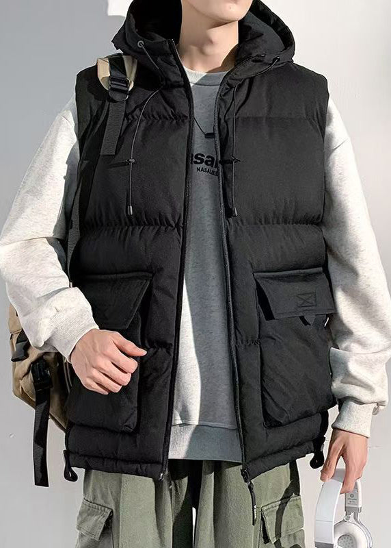New Black Hooded Pockets Cotton Filled Waistcoat Sleeveless Rn013