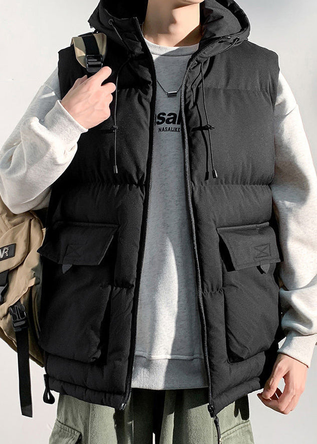 New Black Hooded Pockets Cotton Filled Waistcoat Sleeveless Rn013
