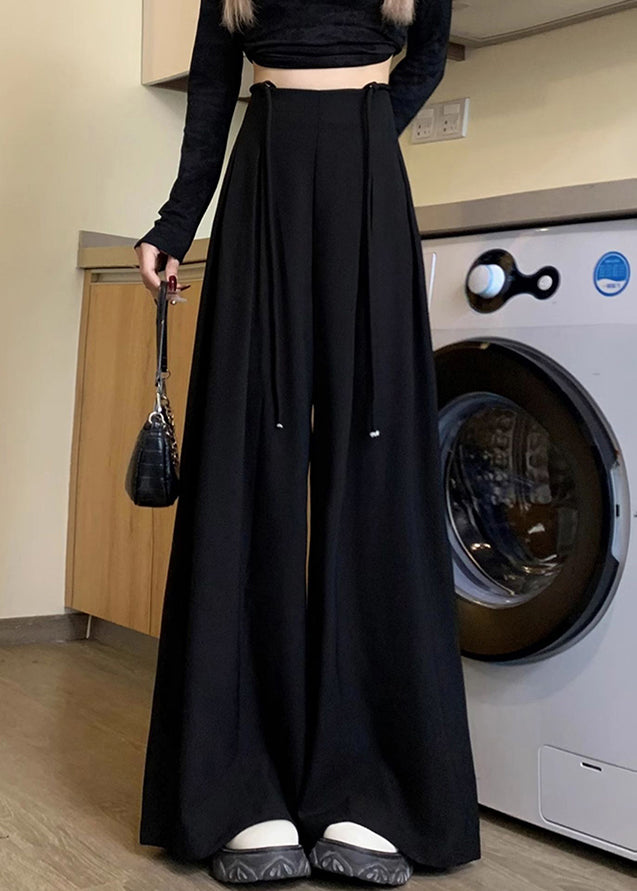 New Black Lace Up High Waist Spandex Wide Leg Pants Fall Pp033