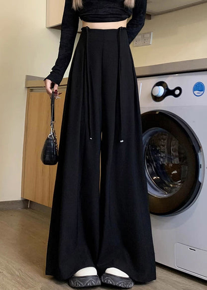 New Black Lace Up High Waist Spandex Wide Leg Pants Fall Pp033
