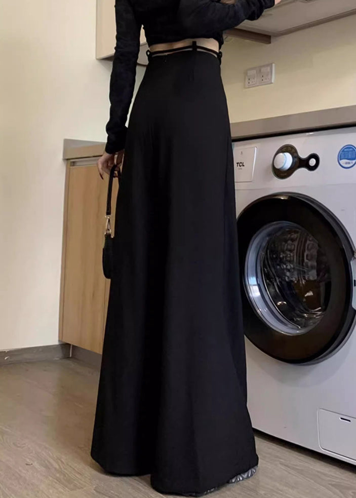 New Black Lace Up High Waist Spandex Wide Leg Pants Fall Pp033