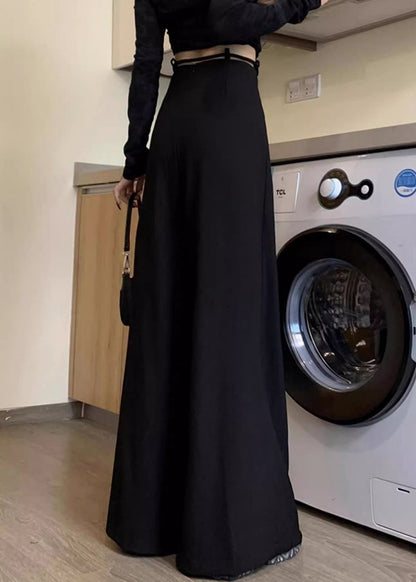 New Black Lace Up High Waist Spandex Wide Leg Pants Fall Pp033
