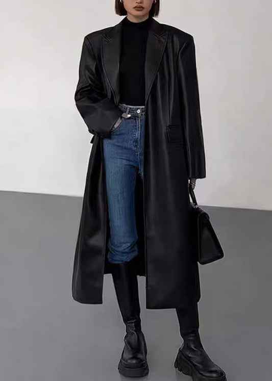 New Black Notched Button Faux Leather Long Coats Winter Er020