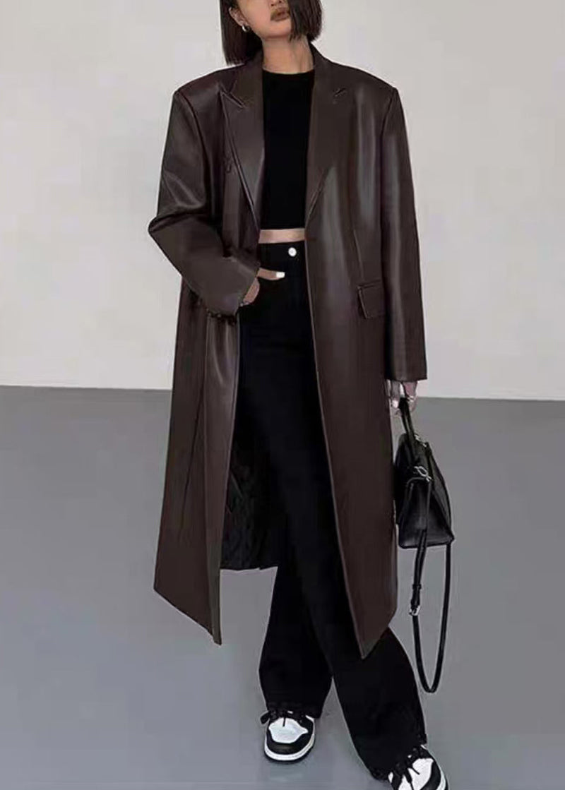 New Black Notched Button Faux Leather Long Coats Winter Er020