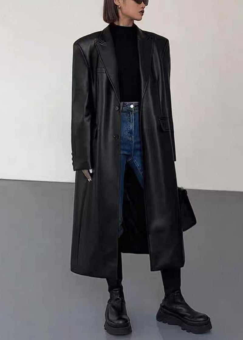 New Black Notched Button Faux Leather Long Coats Winter Er020