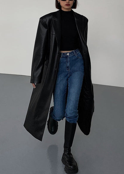 New Black Notched Button Faux Leather Long Coats Winter Er020
