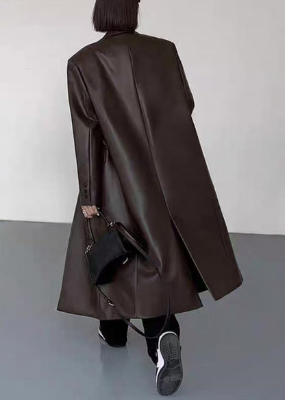 New Black Notched Button Faux Leather Long Coats Winter Er020