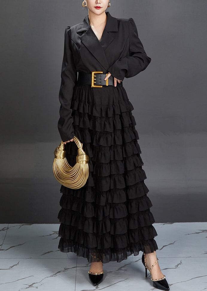 New Black Notched Ruffled Spandex Long Dresses Fall Aj1019