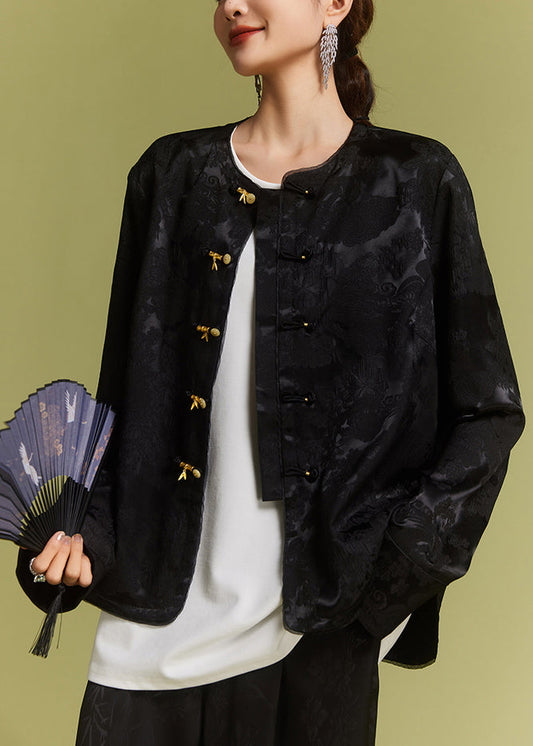 New Black O-neck Button Side Open Silk Coat Ac1017