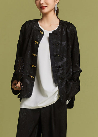 New Black O-neck Button Side Open Silk Coat Ac1017
